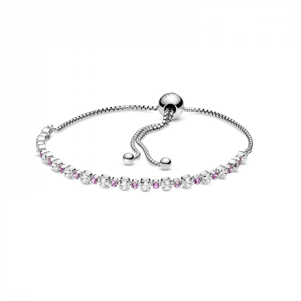 Pulsera de plata estilo Pandora deslizante brillo rosa y transparente