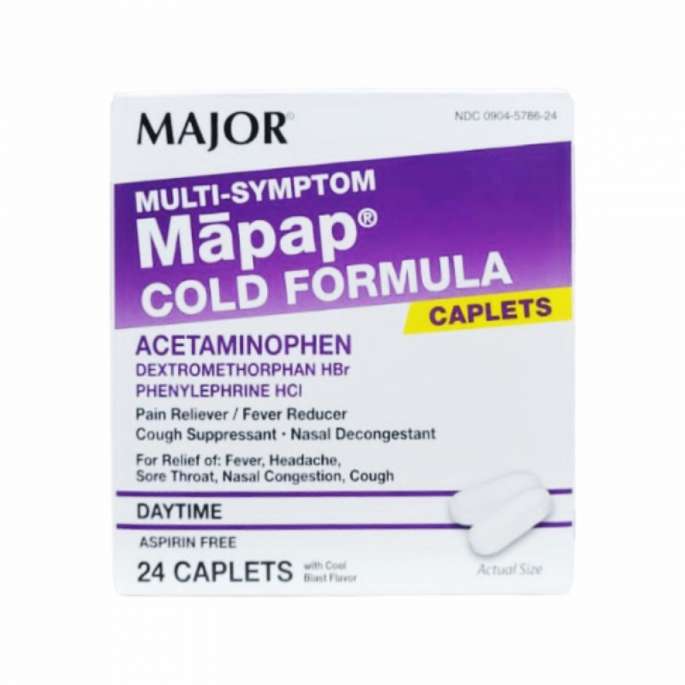 Mapap. Acetaminofen 325 mg + dextrometorfano HBr 10 mg + Fenilefrina 5 mg (24 capsulas)