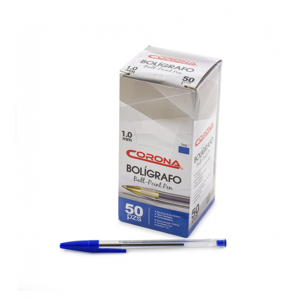 Caja de 50 bolígrafo tinta azul punta de 1.0 mm Corona