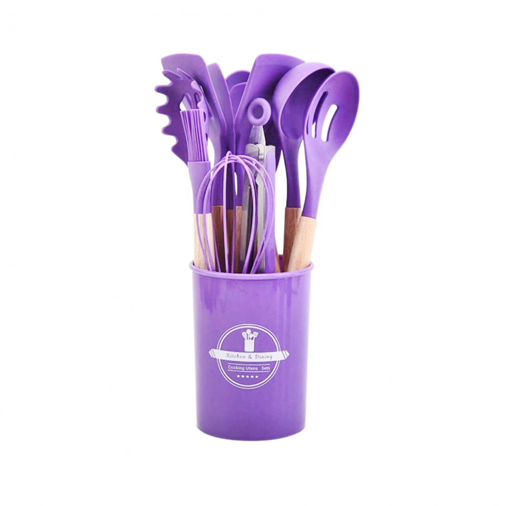 Set utensilios de cocina de silicona color morado con mango de madera