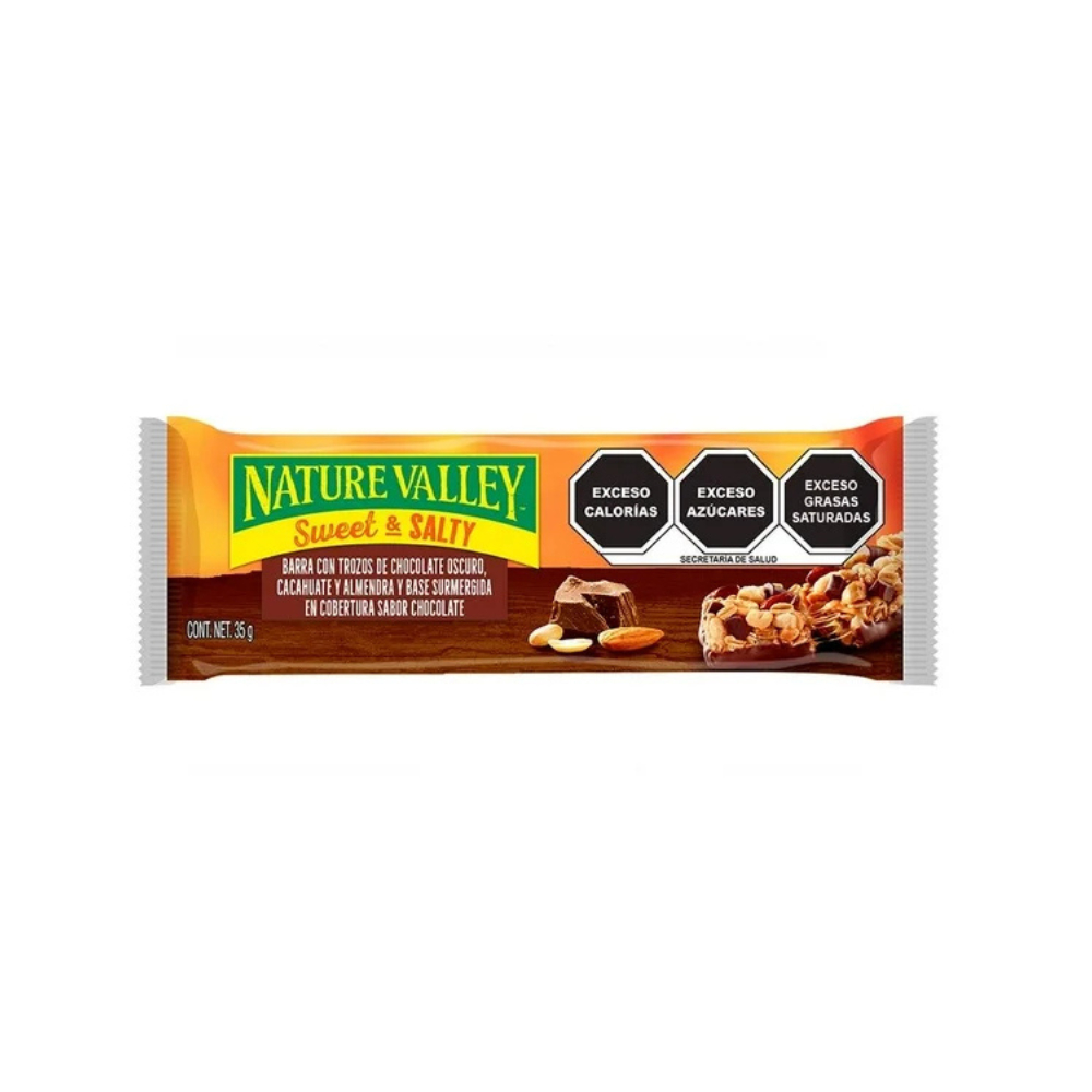Barra con cacahuates, avena integral, trozos de chocolate oscuro, almendras y cobertura sabor a chocolate Sweet & Salty Natural Valley (30 g / 1 oz)