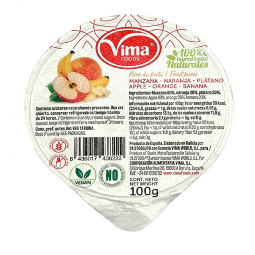 Pure de frutas sabor manzana-pera-plátano Vima Foods (100 g / 3.53 oz)