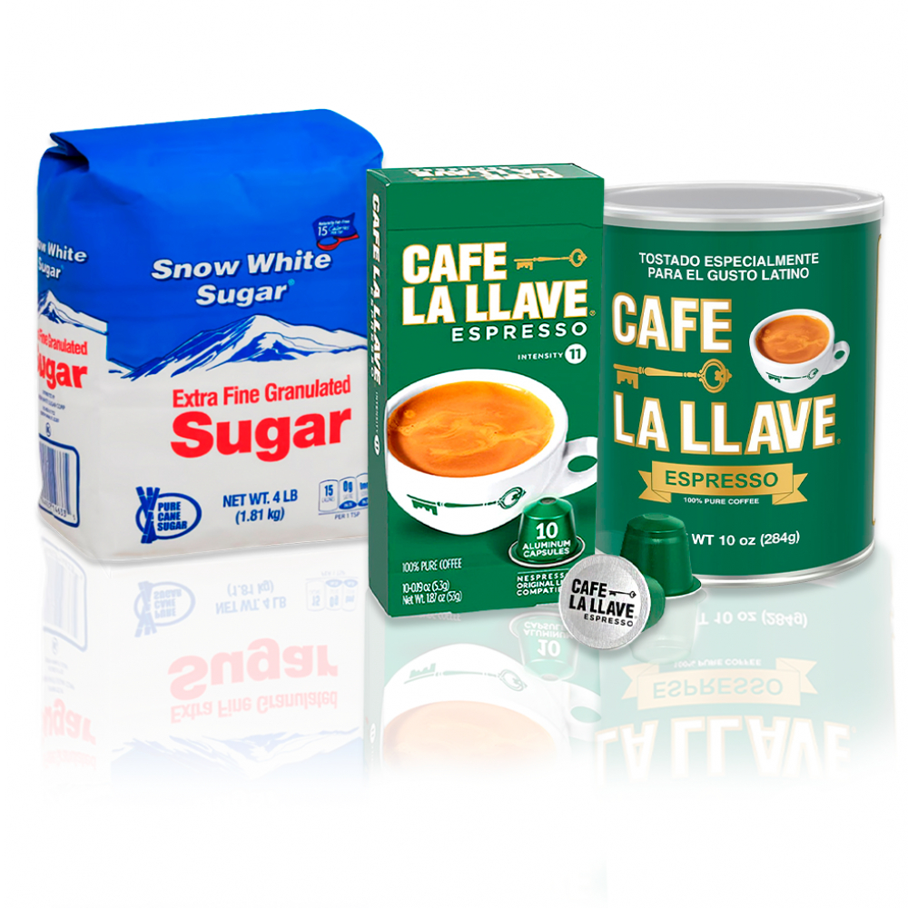 Combo Café Cubano: Azúcar Snow White + Café cápsula La Llave + Café en lata La Llave