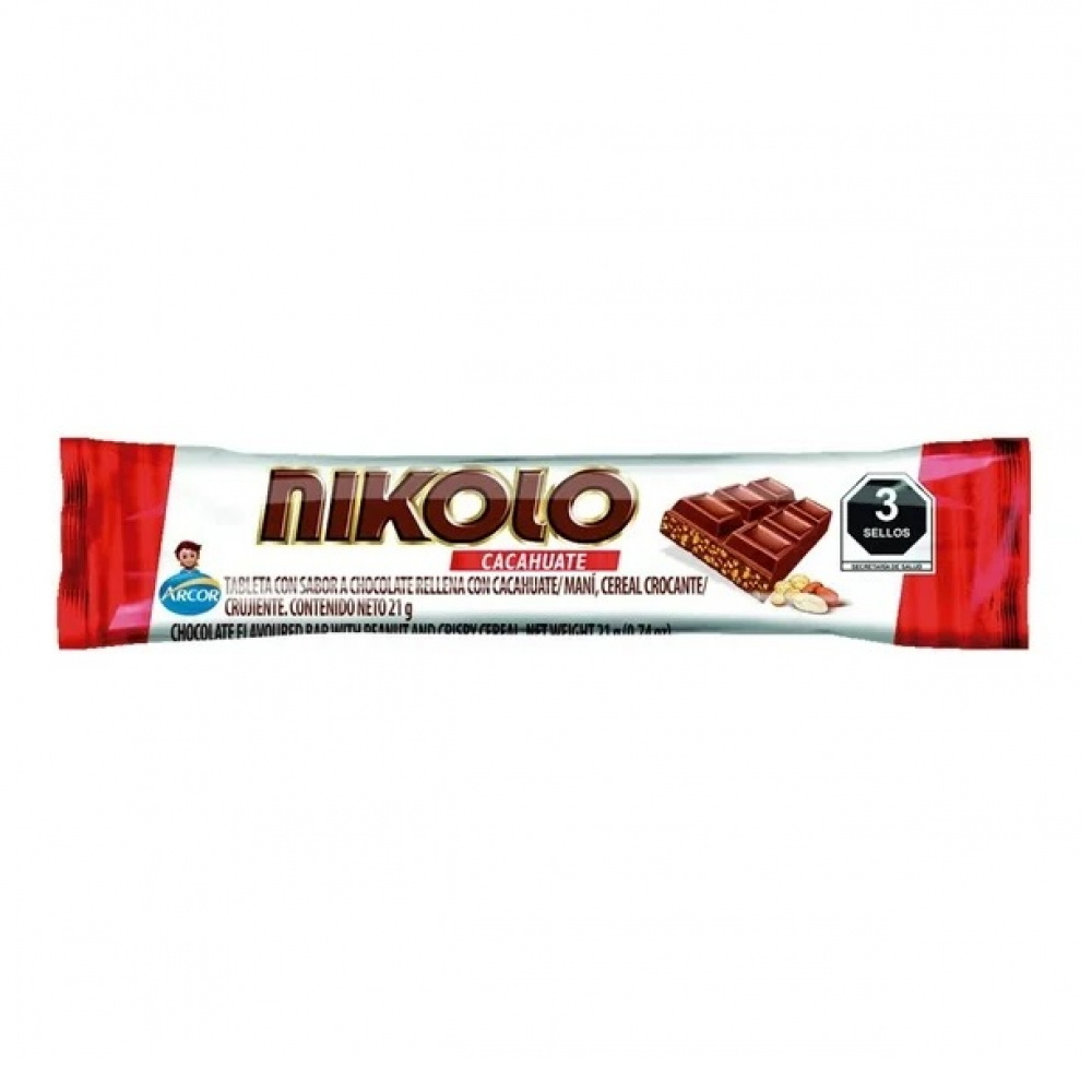 Tableta con sabor chocolate rellena con cereal crujiente y cacahuate Nikolo (21 g)