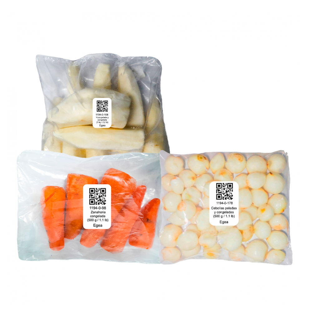 Combo de vegetales y viandas: Zanahoria congelada + Cebollas peladas y congeladas + Yuca pelada y congelada