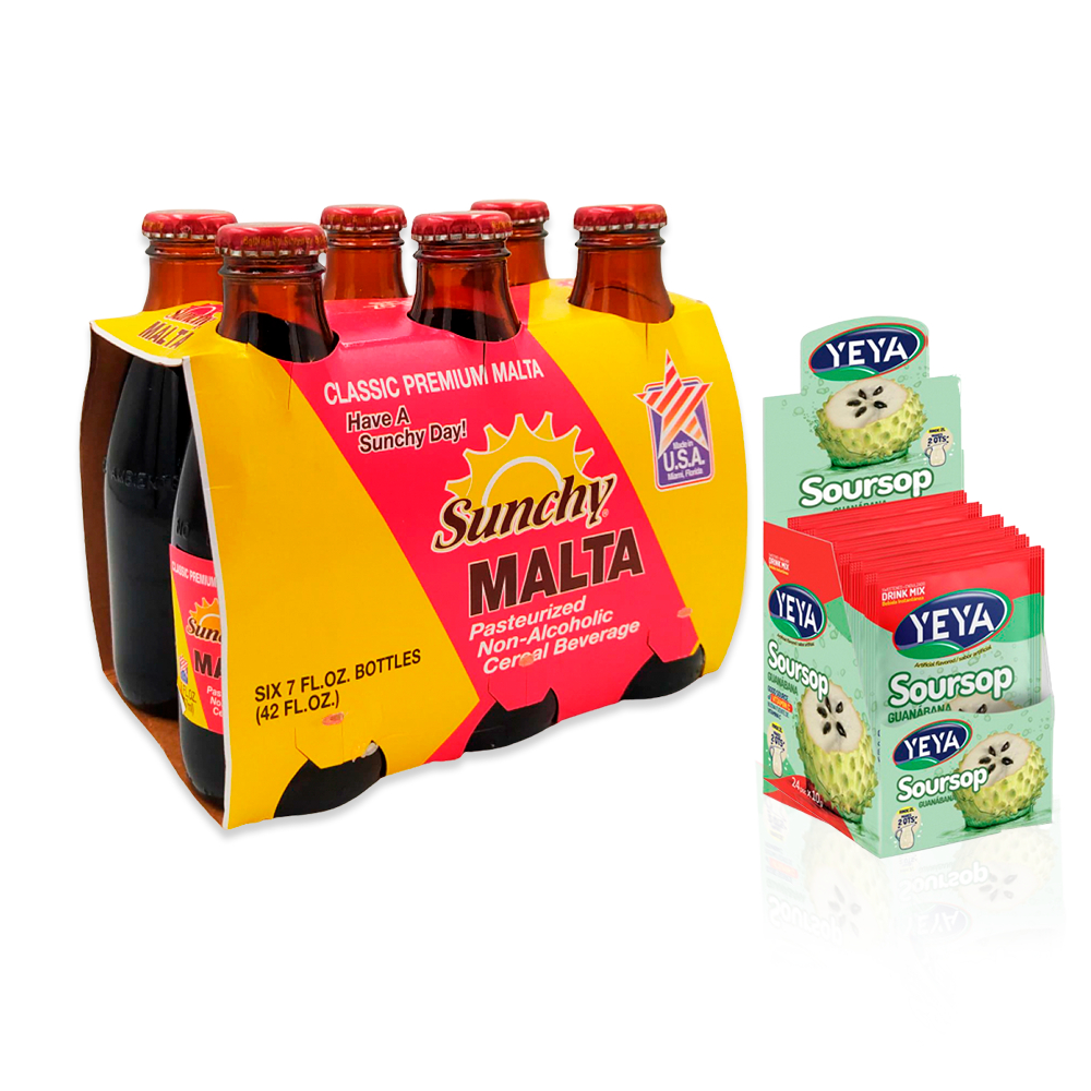 Surtido Tropical: Malta Sunchy en botella six pack + Refresco Instantáneo sabor guanábana