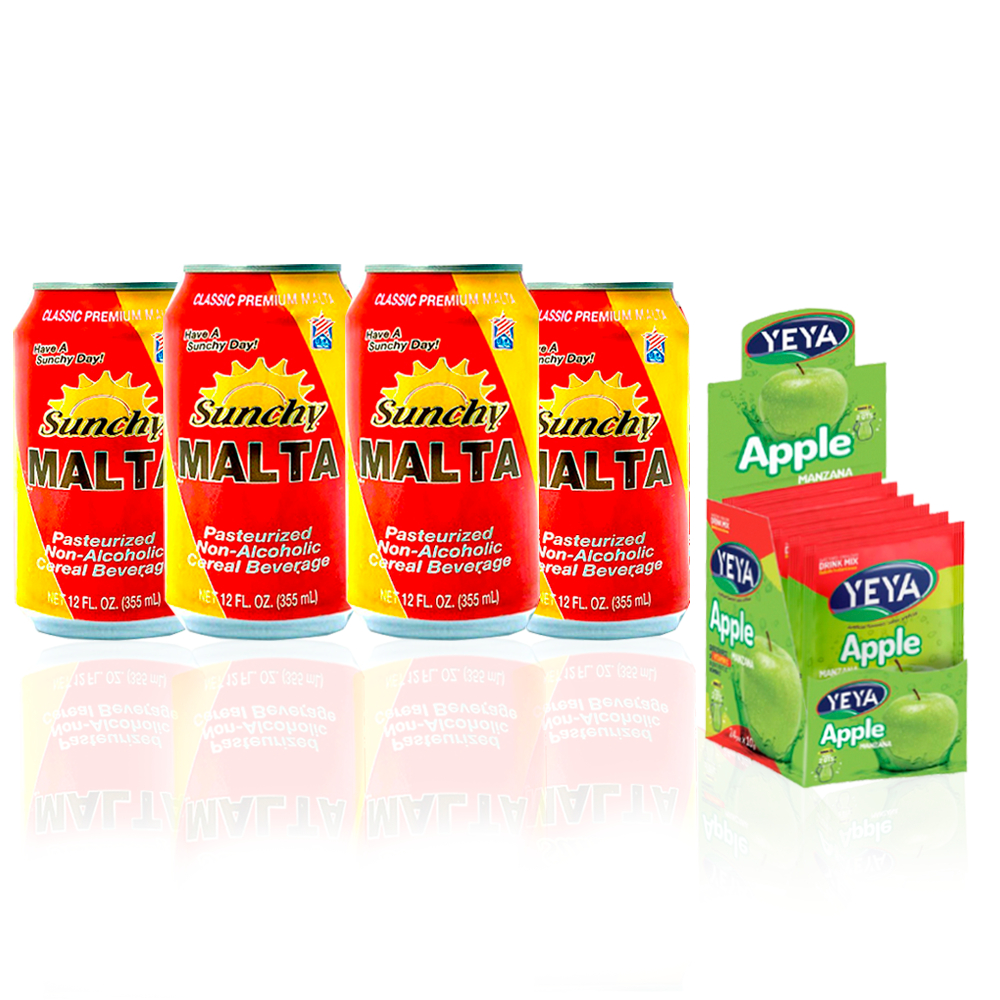 Surtido Dulce y Tropical: Malta Sunchy (4 x 355ml) + Refresco Instantáneo sabor manzana