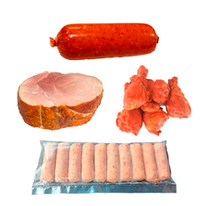 Jamón de pierna deshuesada + Muslos de pollo al carbon + Choricin + Croquetas de jamón